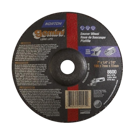 Norton Co Grinding Wheel, Depressed Cntr, Type 28 Saucer - Metal- Gemini Alu Ox, 7 x 1/4 x 7/8, Max RPM: 8600 662529-40095